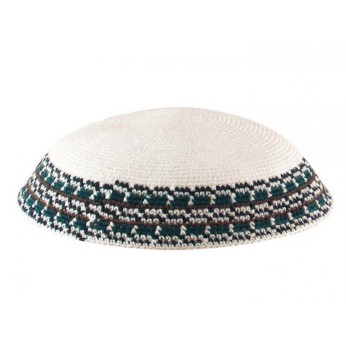 White Knitted DMC Kippah with Green and black border | aJudaica.com