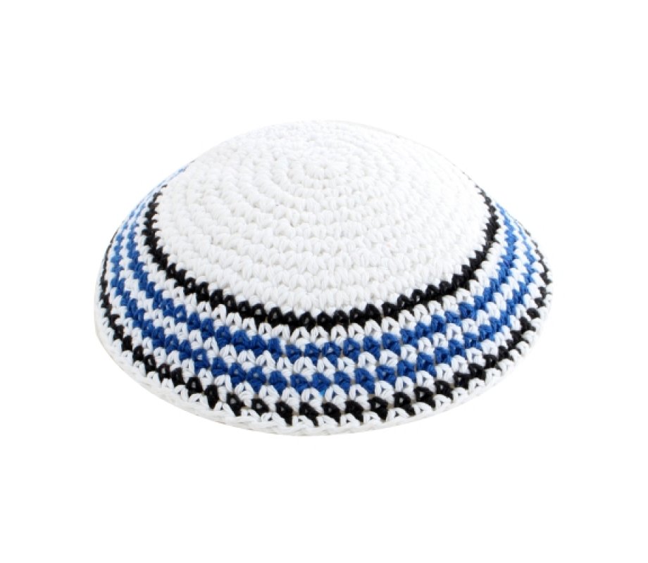 White Knitted Kippah with Blue, Black and White Border Stripes