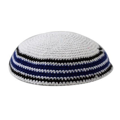 White Knitted Kippah with Blue and Black Border Stripes