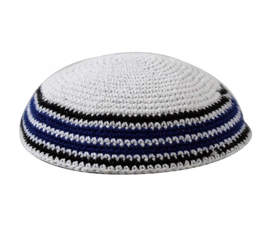 White Knitted Kippah with Blue and Black Border Stripes