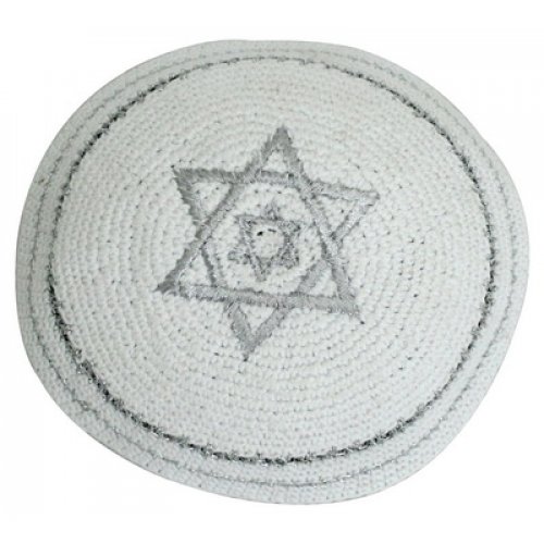 White Knitted Kippah with Double Silver Star of David
