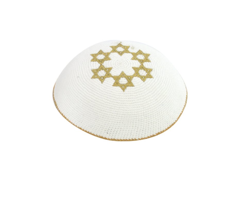 White Knitted Kippah with Embroidered Gold Stars of David