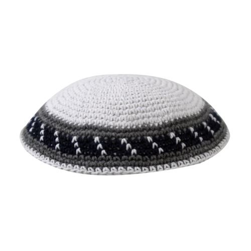White Knitted Kippah with Gray and Black Border