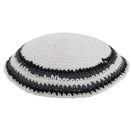 White Knitted Kippah with Gray and Black Striped Border