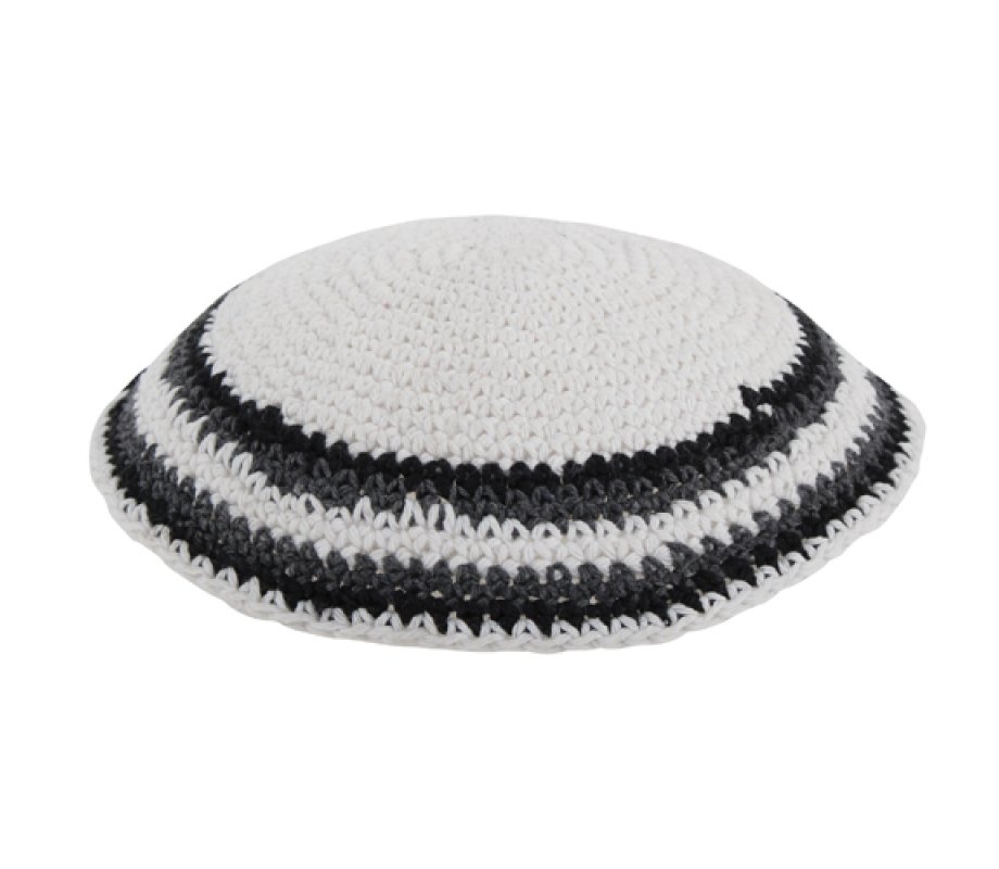 White Knitted Kippah with Gray and Black Striped Border