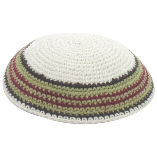 White Knitted Kippah with Green and Maroon Border Stripes