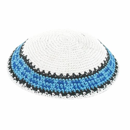 White Knitted Kippah with Lively Blue Border