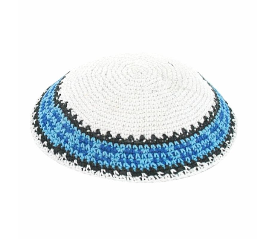 White Knitted Kippah with Lively Blue Border