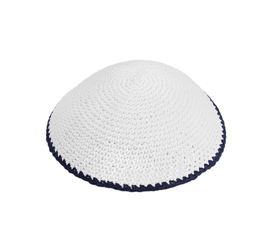 White Knitted Kippah with Navy Border