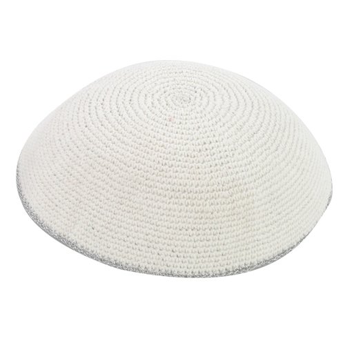 White Knitted Kippah with Silver Border Stripe