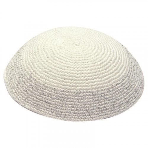 White Knitted Kippah with Wide Light Gray Border