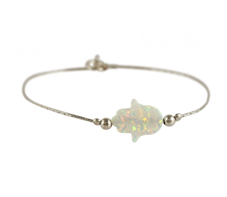 White Opal Hamsa Silver Bracelet