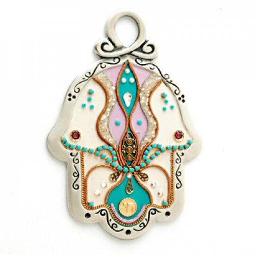 White, Pink and Green Wall Hamsa by Ester Shahaf