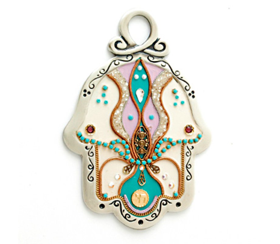 White, Pink and Green Wall Hamsa by Ester Shahaf