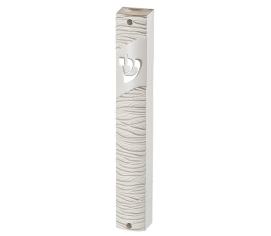 White Plastic Mezuzah Case with Thread Design - Silver Shin