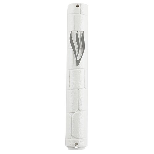 White Plastic Mezuzah Case with Western Wall Image  Silver Shin