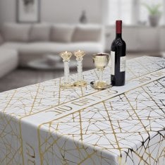 White Polyester Shabbat Tablecloth - Gold Shabbat VeYom Tov Design