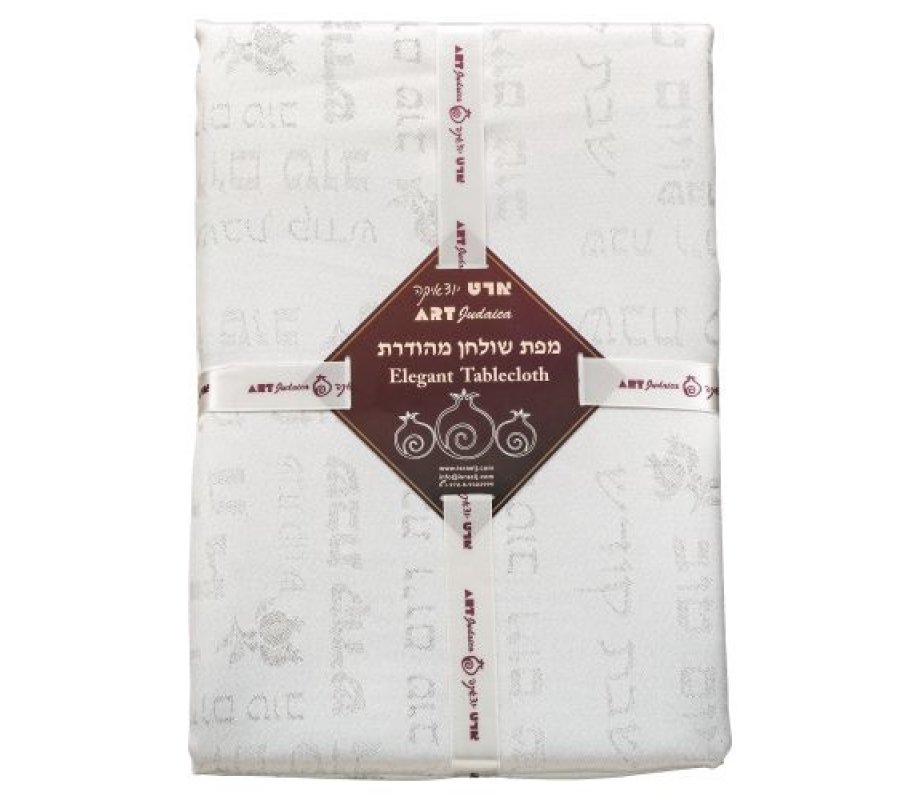 White Polyester Shabbat and Yom Tov Pomegranate Design Tablecloth