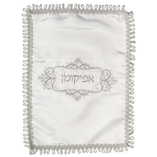 White Satin Afikoman Bag, Silver Embroidery - Ornate Frame Design with Fringes