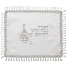 White Satin Challah Cover, Silver Embroidery - Kiddush Design