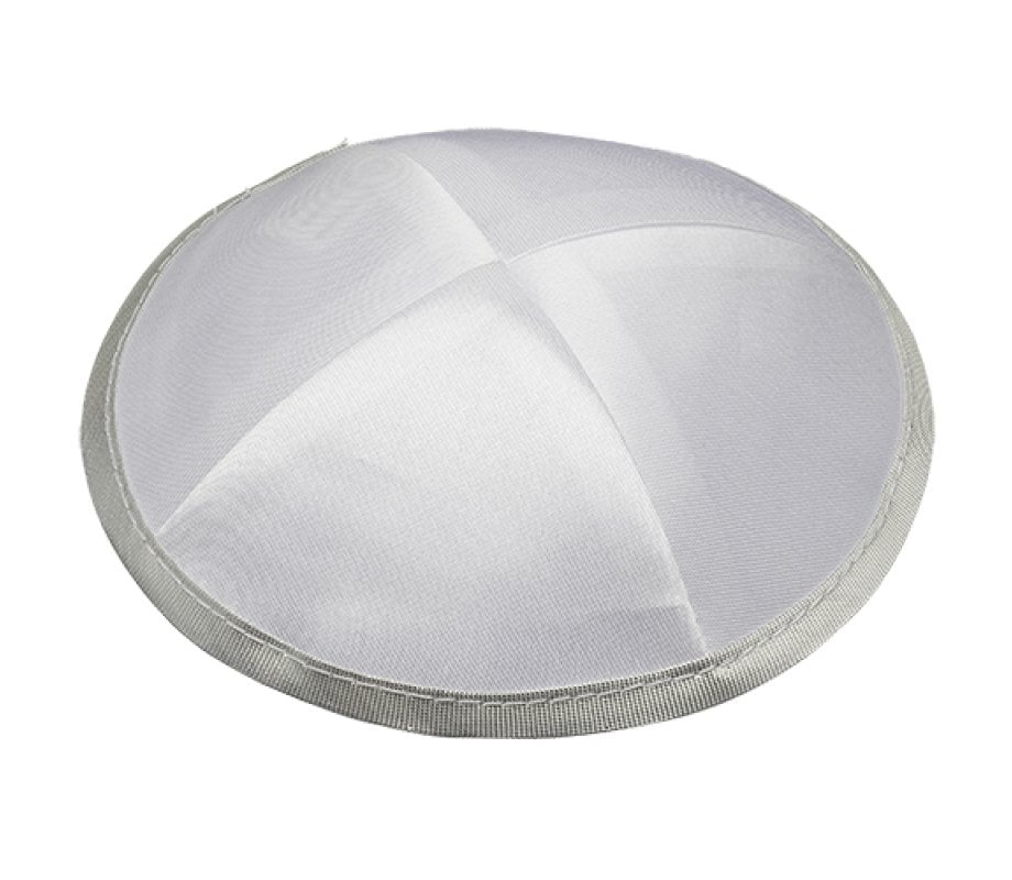 White Satin Four Panel Kippah with Silver Border Ribbon