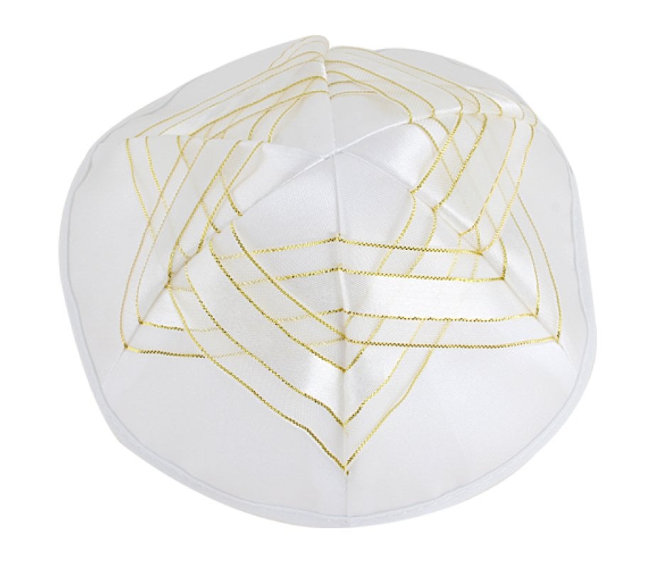 White Satin Kippah Gold Star of David Design