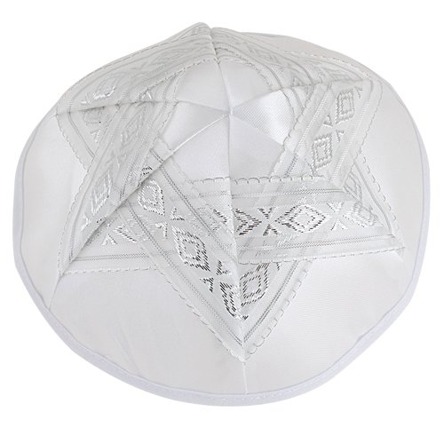 White Satin Kippah Silver Star of David Design