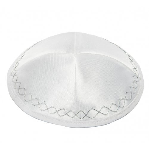 White Satin Kippah With Silver Geometric Border Design