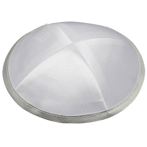 White Satin Kippah with Silver Border Ribbon