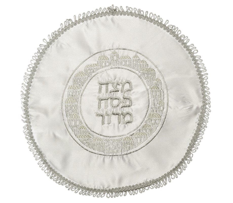 White Satin Matzah Cover with Embroidered Jerusalem Design - Silver and Gold