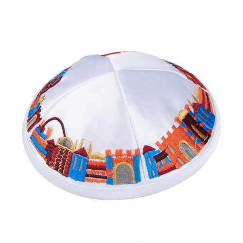 White Satiny Kippah with Attached Clip and Colorful Embroidered Jerusalem Design