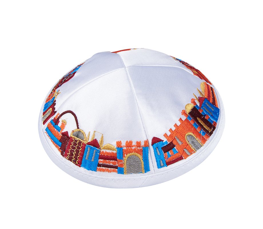 White Satiny Kippah with Attached Clip and Colorful Embroidered Jerusalem Design