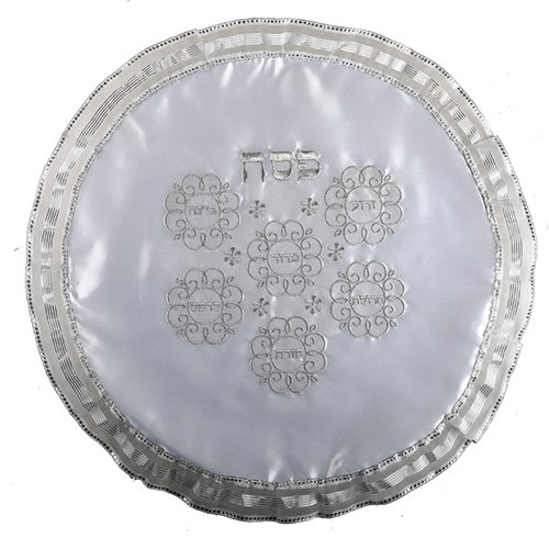 White Satiny Matzah Cover - Silver Embroidered Curlique Seder Plate Design