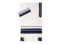 White Tallit with Blue Crinkled Stripe Set by Ronit Gur