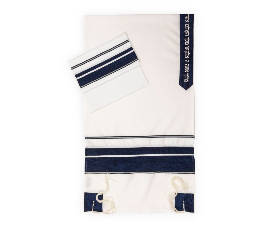 White Tallit with Blue Crinkled Stripe Set by Ronit Gur