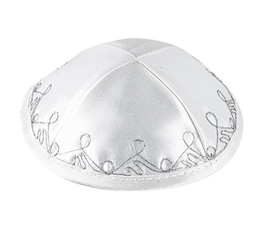 White Terylene Kippah with silver border design