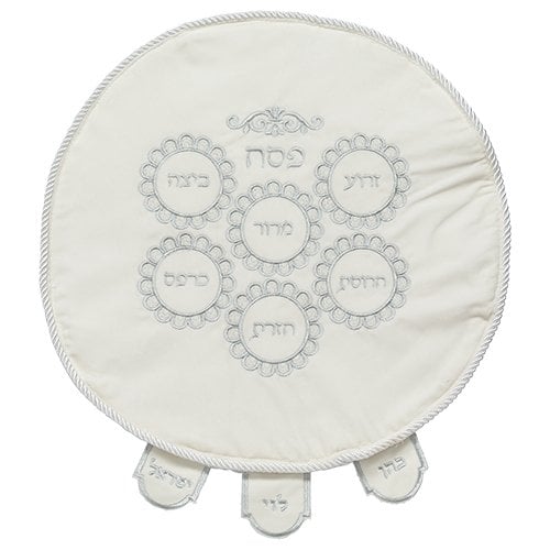 White Velvet Matzah Cover, Silver Embroidery - Seder Plate Design