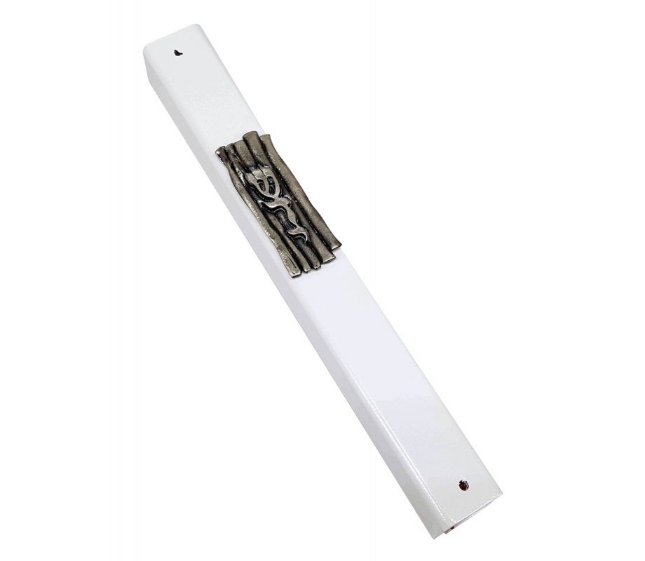 White Wood Mezuzah Case, Decorative Pewter Plaque with Divine Name