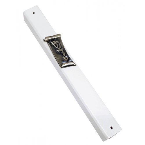 White Wood Mezuzah Case with Divine Name on Scroll Shaped Pewter Plaque