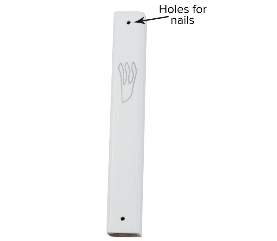 White Wood Mezuzah Case with Silver Shin Outline