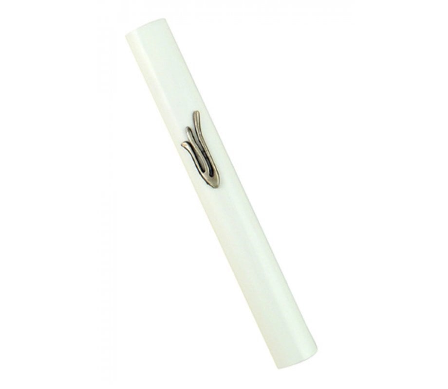 White Wood Rounded Mezuzah Case – Flame Image Shin in Silver Pewter