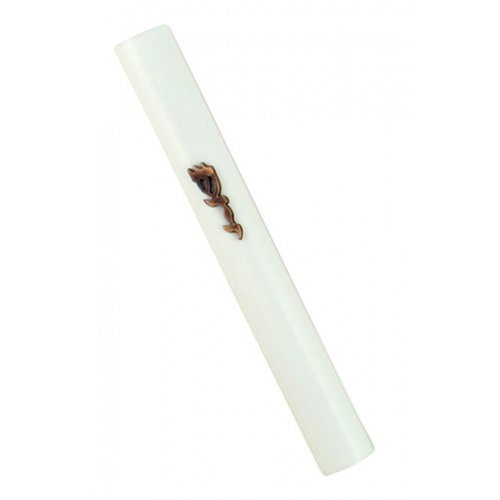 White Wood Rounded Mezuzah Case, Divine Name in Bronze Pewter