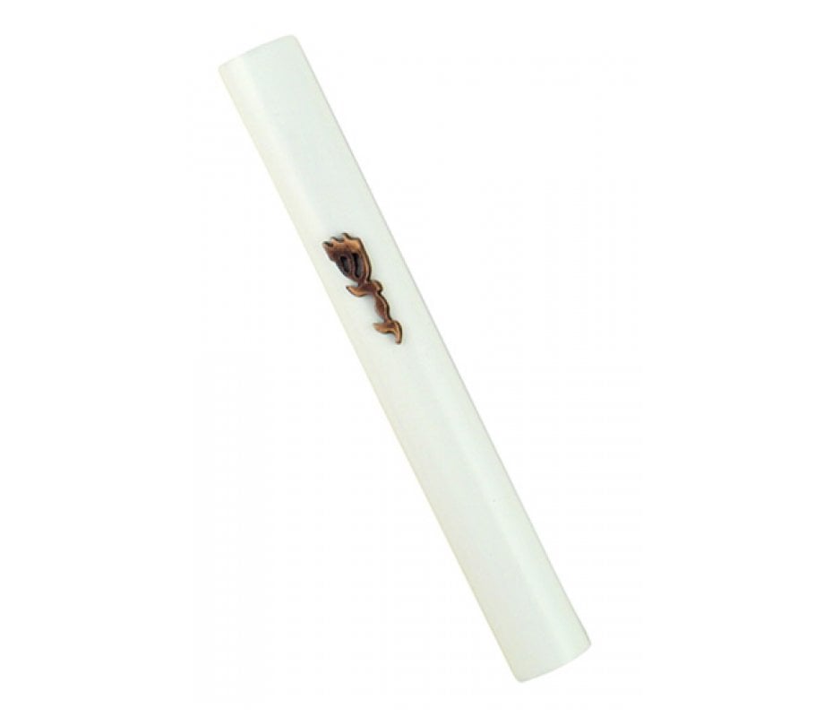 White Wood Rounded Mezuzah Case, Divine Name in Bronze Pewter