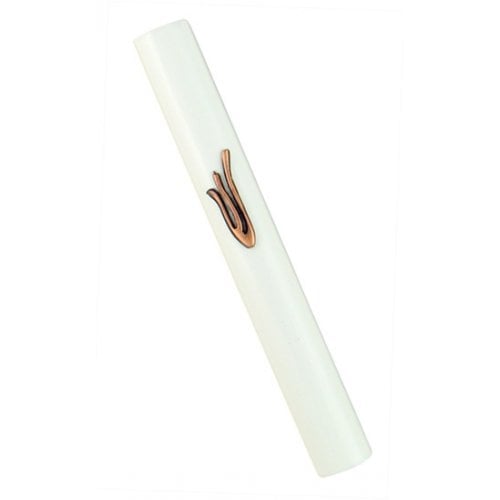 White Wood Rounded Mezuzah Case, Flame Image Shin in Gold Pewter