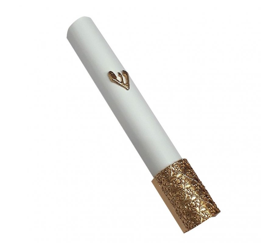 White Wood Rounded Mezuzah Case, Gold Pewter Shin and Filigree Design at Base