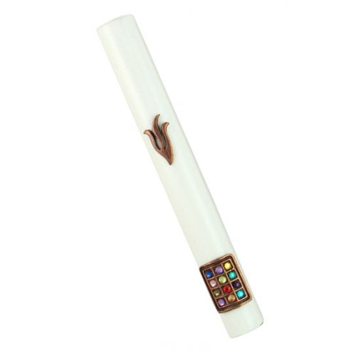 White Wood Rounded Mezuzah Case with Bronze Pewter Shin and Colored Breastplate