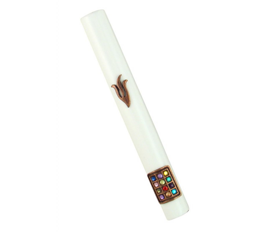White Wood Rounded Mezuzah Case with Bronze Pewter Shin and Colored Breastplate