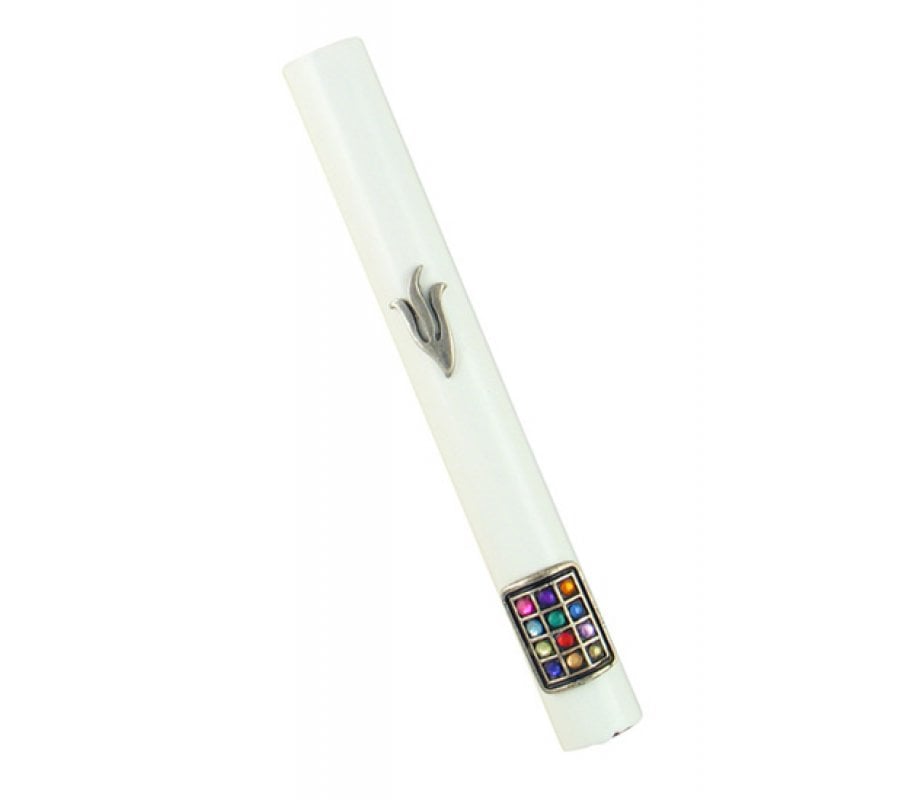 White Wood Rounded Mezuzah Case with Silver Pewter Shin and Colored Breastplate