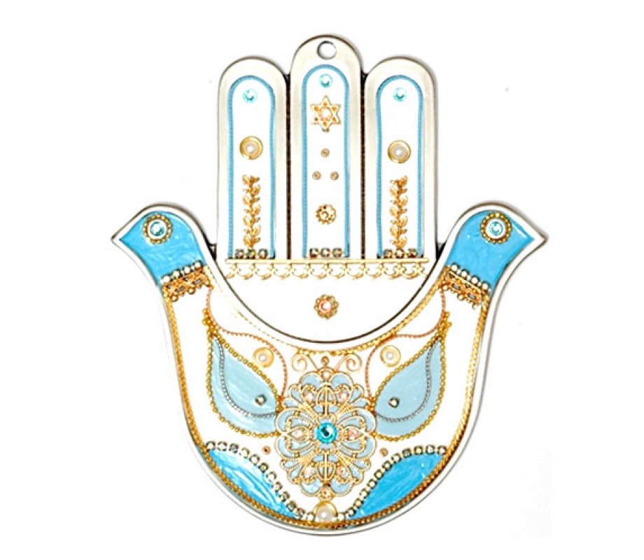 White and Blue Dove Hamsa by Ester Shahaf