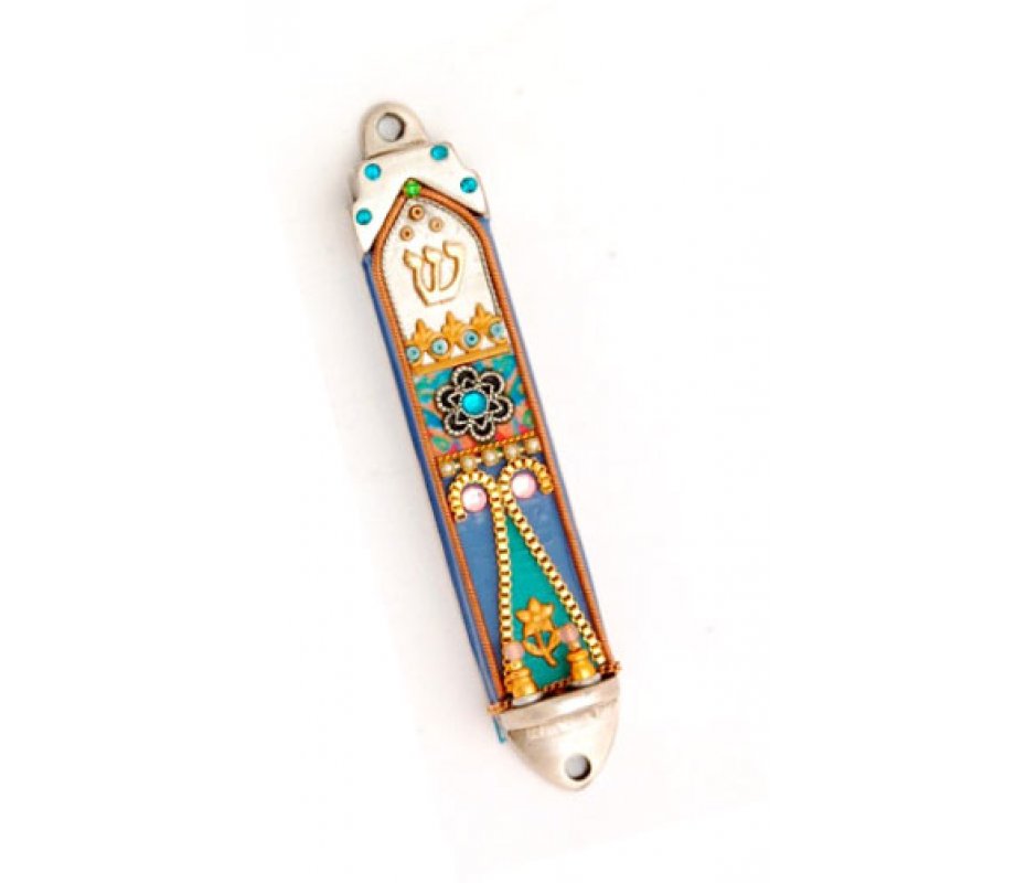 White and Turquoise Oriental Mezuzah Case